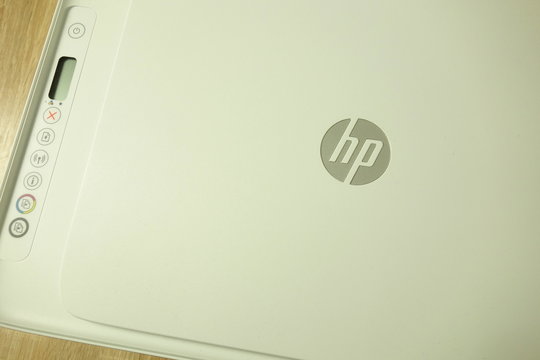 KONSKIE, POLAND - June 21, 2019: HP logo on printer