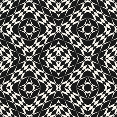 Vector geometric seamless pattern. Simple black and white ornamental background with crossing shapes, lines, grid, net. Traditional folk ornament. Monochrome texture. Dark repeat decorative design