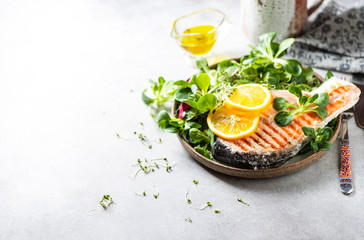 Steak Trout fillet, salmon cooked in a sous-vide bag. New technology cuisine