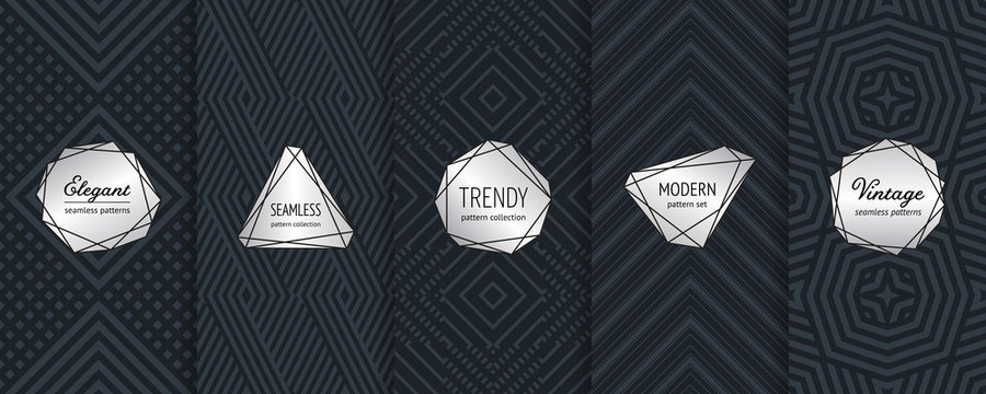 Luxury vector seamless pattern collection. Set of elegant black vintage background swatches with minimal silver labels. Modern metallic linear stickers. Abstract ornament textures. Premium design