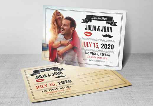 Wedding Postcard Layout with Red and Gray Accents