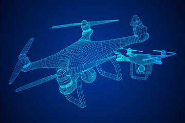 Remote control air drone. Dron flying with action video camera. Wireframe low poly mesh vector illustration