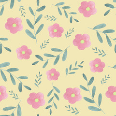 beautiful design seamless pattern of watercolor flowers and twigs with leaves, hand-painted on a yellow background for a handmade watercolor drawing