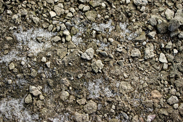 Stones frozen in ice. Frost. Close-up. The concept of ecology and global warming.