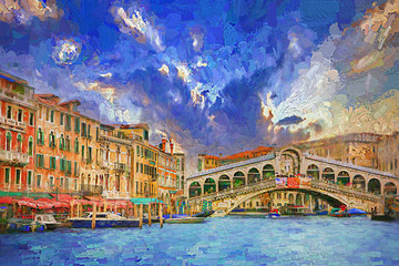 Stunning afternoon landscape of Grand canal and Bridge Rialto during beautiful summer sky, tourists from over the world visiting famous architecture and landmarks in Venice, Italy.- oil painting