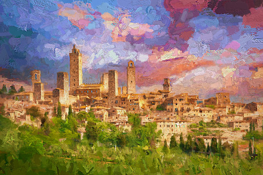 Amazing landscape view of San Gimignano is a small walled medieval hill town during colorful evening sunset in summer time, Tuscany, Italy.- oil painting