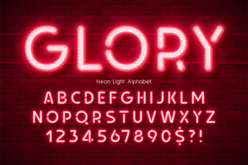 Neon light 3d alphabet, extra glowing modern type.