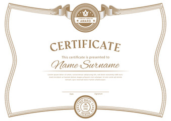 Official white certificate with vintage modern border and emblem. Business modern design.