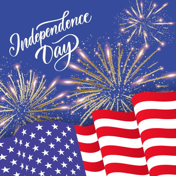 USA Independence day. Banner with waving American national flags and fireworks. 4th of July vector poster template.