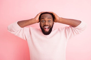 Photo of funny attractive dark skin young guy toothy beaming smiling listen good news open mouth...