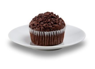 Chocolate muffin with choc chips on the top on a white plate, shot on a white background