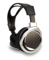 Suspended upright image of retro style wireless headphones, with black and silver detail,  isolated on white