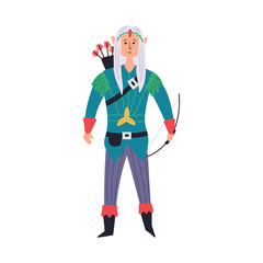 Forest elf with a bow and arrow. Fairytale character hand-drawn design. Vector editable illustration