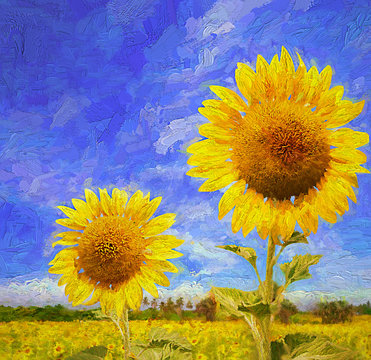 Beautiful summer time in blooming sunflower field in the afternoon sunny day.- oil painting