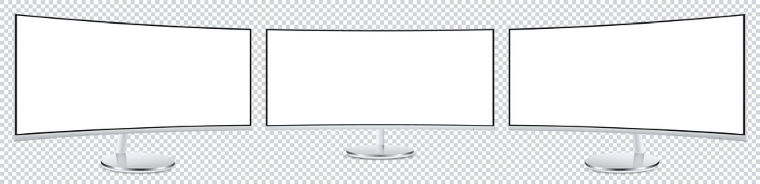 Mockup QLED curved display monitor on three sides with blank screens for your design. Vector illustration EPS10