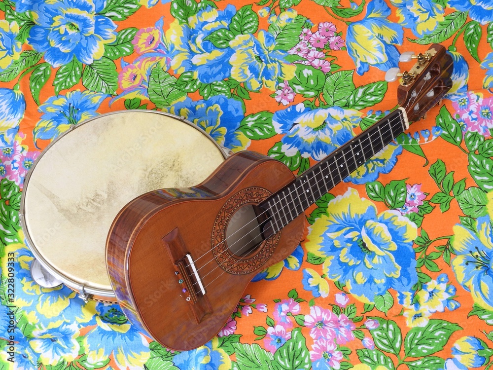 Wall mural Two Brazilian musical instruments: cavaquinho and pandeiro (tambourine) on a very colorful “chitao” fabric with large floral prints. They are widely used to accompany samba and choro music.