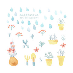 set of floral elements. gardening and water drop watercolour painting. flower and plant design element by watercolour textured