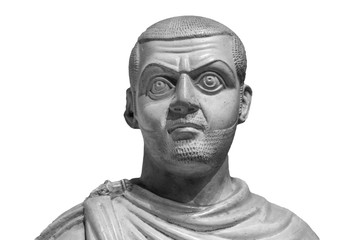 Head and shoulders detail of the ancient sculpture. Isolated on white background. Ancient marble statue of mythical character