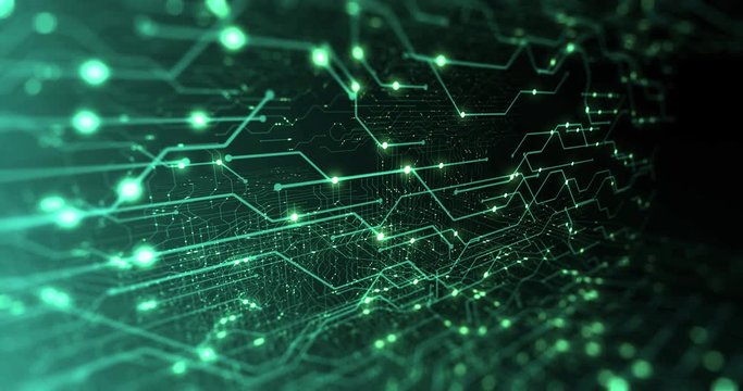 Abstract digital city. Digital Circuit board, Motherboard, Digital chip. Digitalization of Information: IT, IOT, Server, Data Center. Animated Visualization Network Data. 3D render, 4K seamless loop