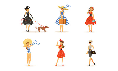 Beautiful Young Women Dressed Retro Style Fashion Clothes Collection Vector Illustration