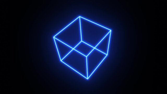 3d Cube Box With Glowing Strokes Spinning/ 4k animation of an abstract minimal background with outlined cube logo spinning