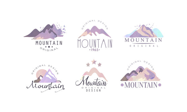 Mountain Original Logo Templates Collection, Outdoor Adventures Retro Watercolor Labels Vector Illustration