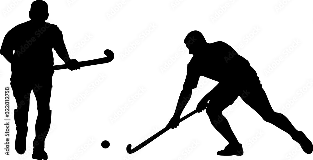 Wall mural silhouette of two field hockey players with a hockey stick and ball