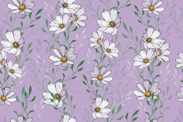 Seamless floral pattern with white cosmos flowers and green leaves on purple background. Hand drawn. For design, textile, print, wallpapers, wrapping paper. Vector stock illustration.