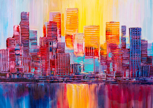 Abstract painting of urban skyscrapers. Panorama of night town near the sea. © serge-b