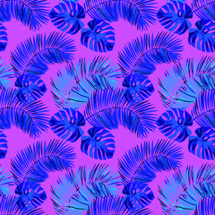 Blue palm and monstera leaves on a pink background. Vector seamless tropical pattern.