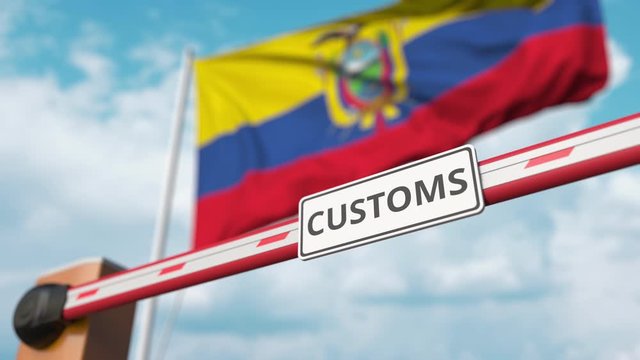 Barrier gate with CUSTOMS sign being closed with flag of Ecuador as a background. Ecuadorian border closure or protective tariffs