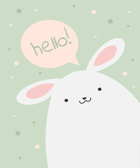 White rabbit  cute character easter poster in pastel color with lettering