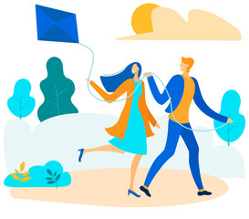 Happy Cartoon Couple Flying Kite into Sky Illustration. Vector Woman and Man Walking in Park. Outdoor Recreational Activities. Flat People on Date Having Fun. Young Family Holiday Relax