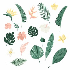 Fototapeta na wymiar Tropical leaves and flowers collection. Vector summer illustration. Greenery, palm leaves, banana leaf, hibiscus, plumeria flowers.