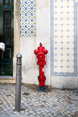 A red hydrant in front of a white historic facade in Lisbon