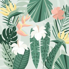 Tropical background. Vector jungle illustration. Greenery, palm leaves, banana leaf, hibiscus, plumeria flowers.