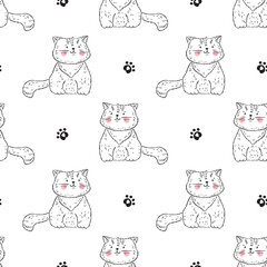 Cats Vector Seamless Pattern. Background for Kids with Hand drawn Doodle Cute Kittens and paw prints. Cartoon Animals Vector illustration in Scandinavian style