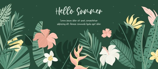 Hello Summer horizontal tropical banner. Vector jungle illustration. Greenery, palm leaves, banana leaf, hibiscus, plumeria flowers. Place for your text.