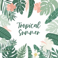 Tropical summer illustration. Greenery, palm leaves, banana leaf, hibiscus, plumeria flowers. Jungle greenery frame.