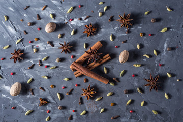 Spices: star anise, cardamom, cinnamon, nutmeg on a gray background