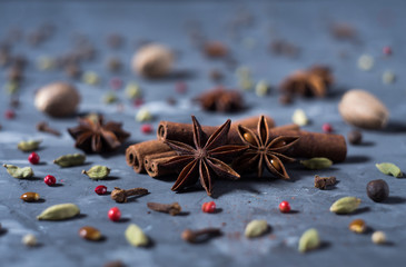 Spices: star anise, cardamom, cinnamon, nutmeg on a gray background