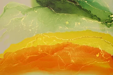 Selbstklebende Fototapeten Abstract yellow and green wave blots background. Alcohol ink colors. Marble texture. © Liliia