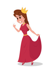 Obraz na płótnie Canvas Princess in Red Dress with Crown on Head Isolated on White Background. Fairy Tale, Historical Movie Actress, Medieval Royal Character. Cartoon Flat Vector Illustration Cartoon Vector Illustration