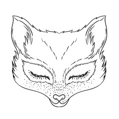 Cute fox face. Character tattoo design for pet lovers, artwork for print, textiles. Isolated vector illustration.