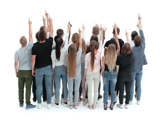 Obraz premium large team of young people pointing somewhere up .