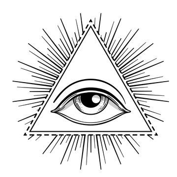 Blackwork tattoo flash. Eye of Providence. Masonic symbol. All seeing eye inside triangle pyramid. New World Order. Sacred geometry, religion, spirituality, occultism. Isolated vector illustration