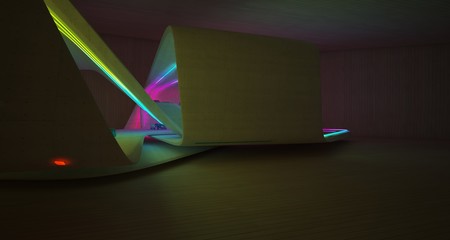 Abstract architectural concrete, wood and glass interior of a minimalist house with colored neon lighting. 3D illustration and rendering.