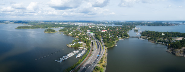 Aerial view of a highway intersection in Finland. Itavayla highway captured drone above Kulosaari...