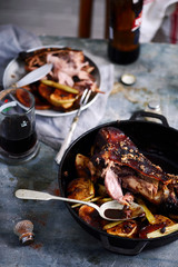 Roast Bavarian ham hocks with beer, caraway and juniper..style rustic.