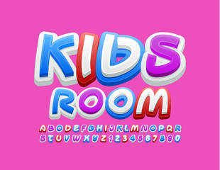 Vector stylish logo Kids Room. Bright Colorful Font. Handwritten Alphabet Letters and Numbers for Children.